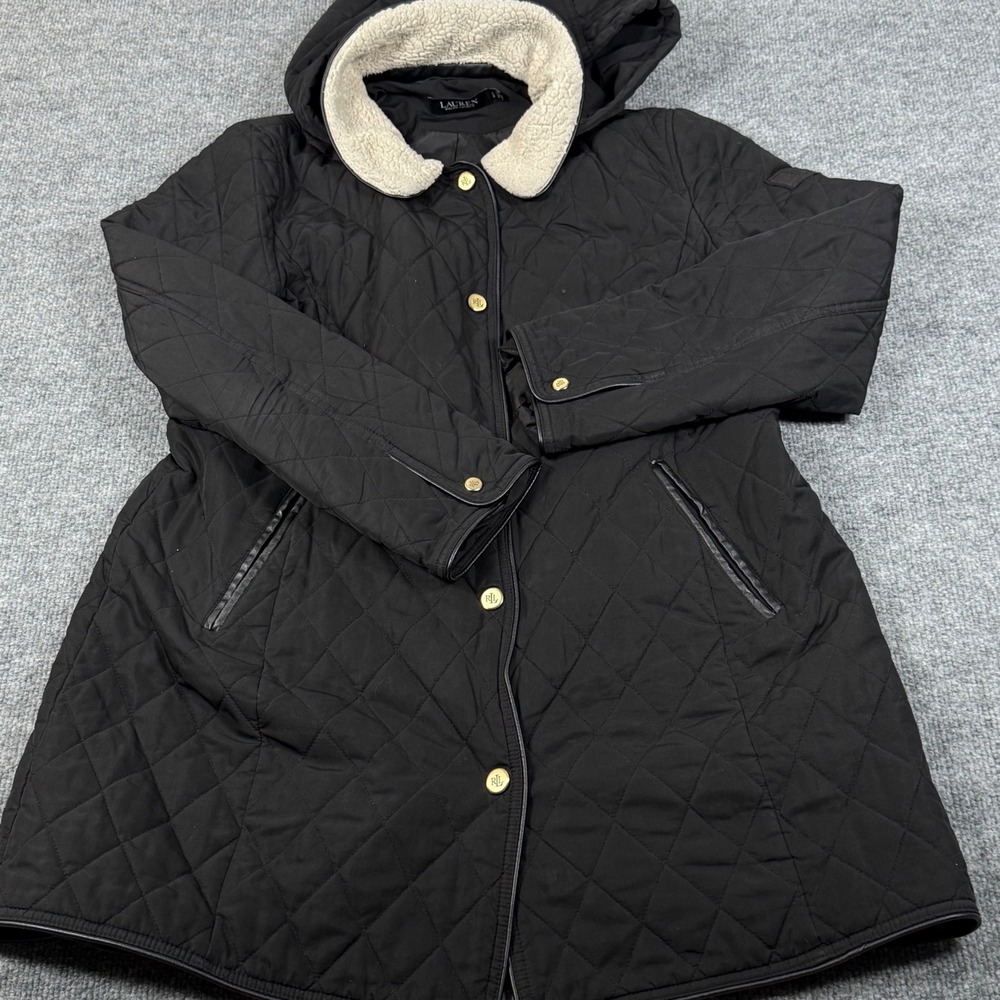 Lauren Ralph Lauren Large Black Quilted Coat Snap Front Hooded Faux Fur Trim